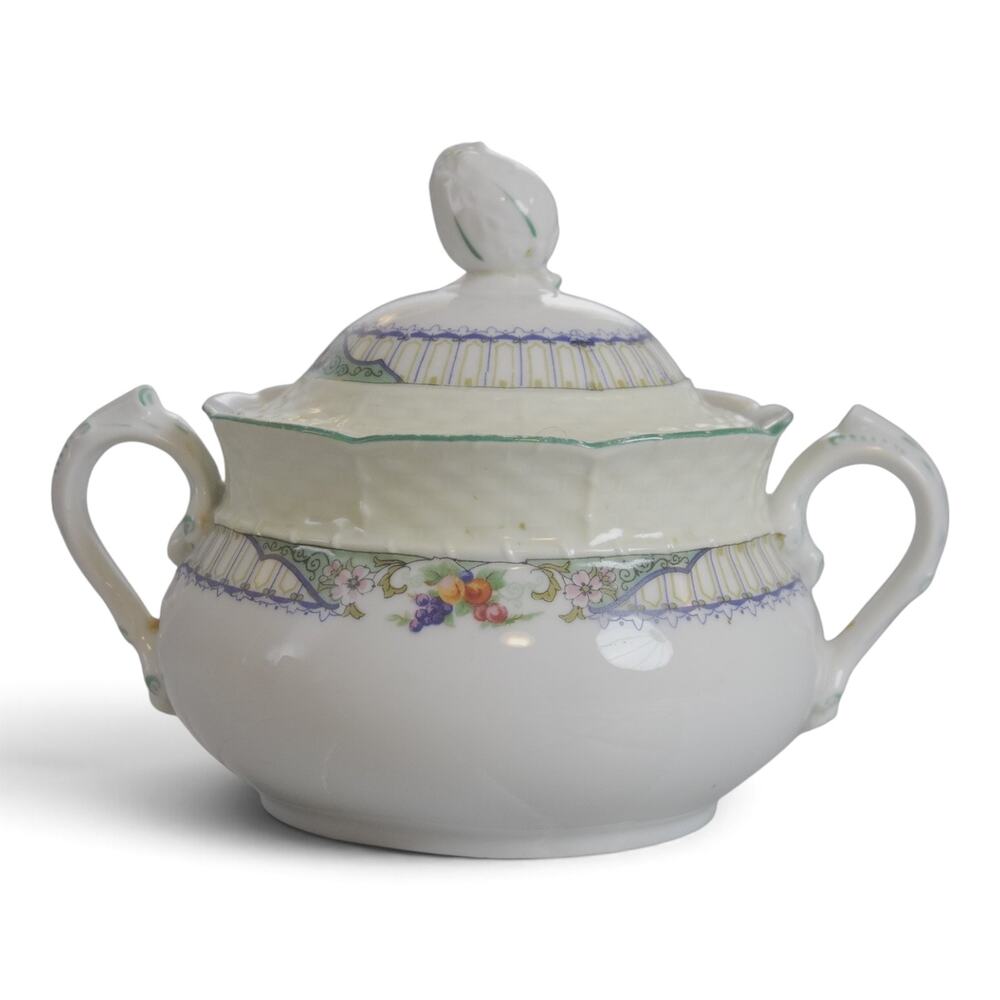 Antique TH Thun Czechoslovakia Porcelain Sugar Bowl Lid Floral Double Handle